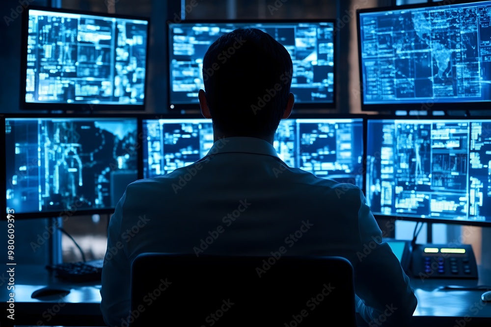 Professional analyzing data using multiple monitors in a workspace. Generative AI. Professional analyzing data using multiple monitors in a workspace. Generative AI.