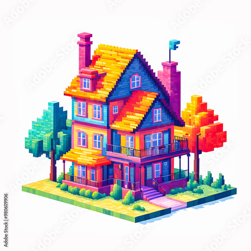 Illustration of Pixel art house on white background.