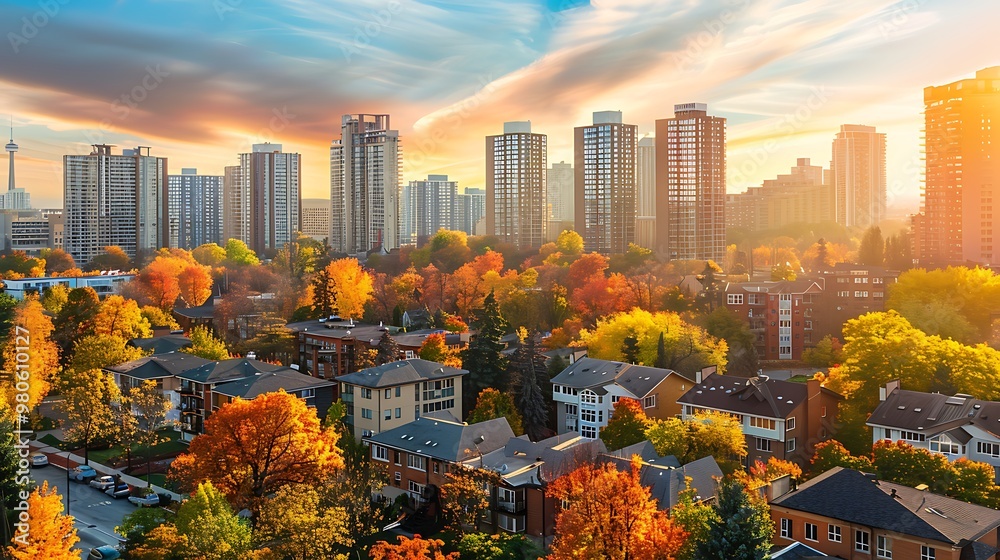 Breathtaking view of a city skyline during autumn, showcasing vibrant foliage against the backdrop of towering buildings.