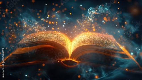 A glowing open book with sparkling particles and ethereal swirls, capturing a sense of magic and mystery in a vertical format.