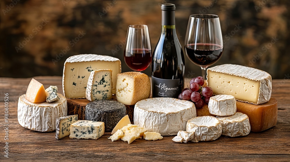 Naklejka premium Assortment of cheeses and wine on wooden table