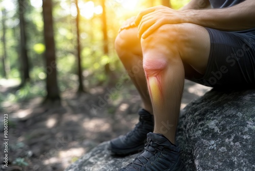 Worms-eye view of a hiker resting on a rock, close-up focus on the inflamed knee joint, watercolor style with delicate brushstrokes, dappled forest light creating soft shadows