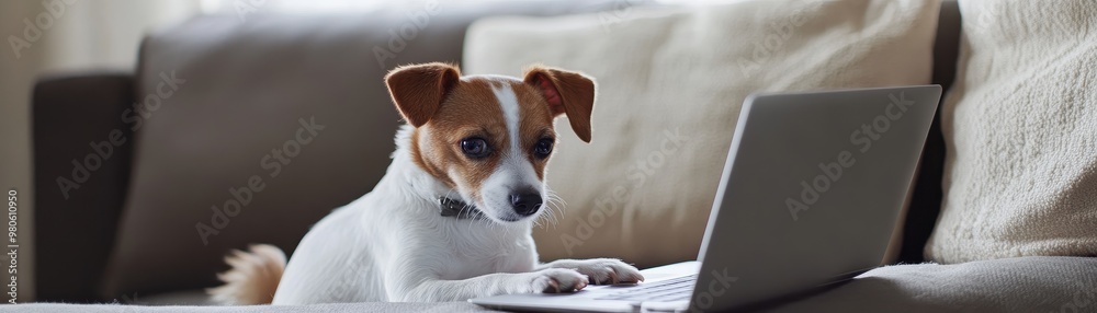 Dog using laptop on couch, looking at screen. Dog using laptop on couch, looking at screen.