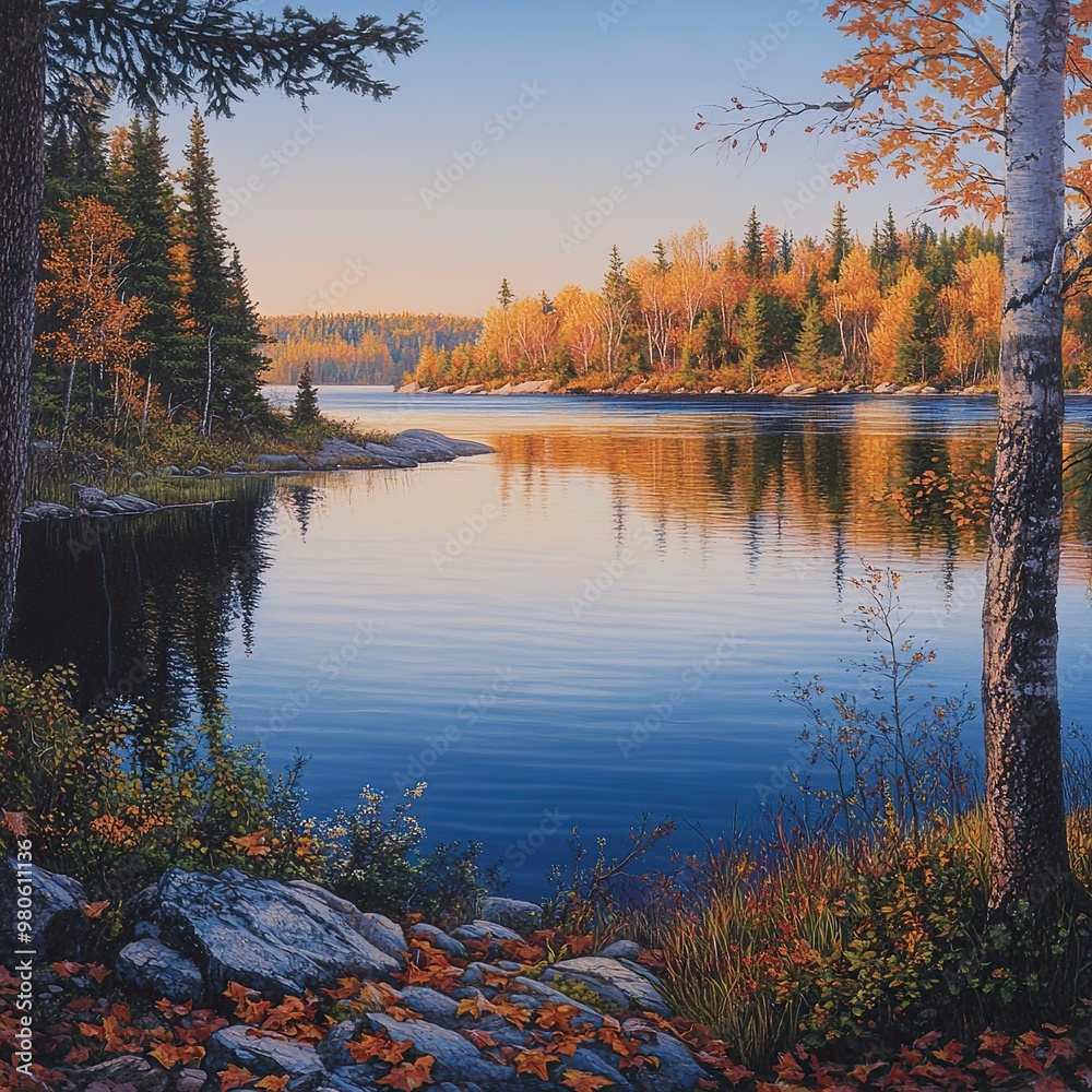 Obraz premium Serene Autumn Reflections on a Tranquil Lake