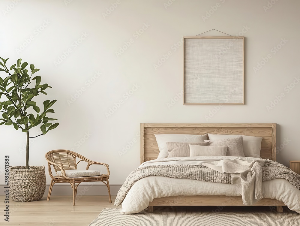 Neutral-toned kids' bedroom with a wooden bed, open layout, and playful wall art, kids' interior, minimalist bedroom
