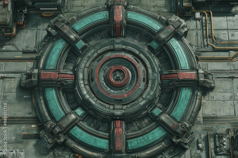 Fototapeta premium A futuristic, circular structure with a complex design in shades of grey, teal, and red.