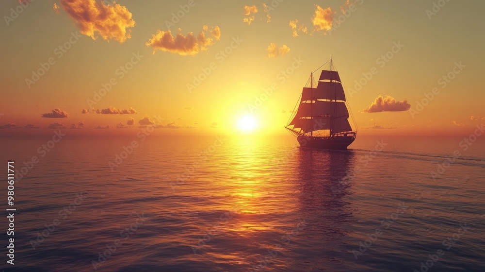A peaceful ship sails on the horizon as the sun sets over the ocean, casting a warm glow on the calm waters.