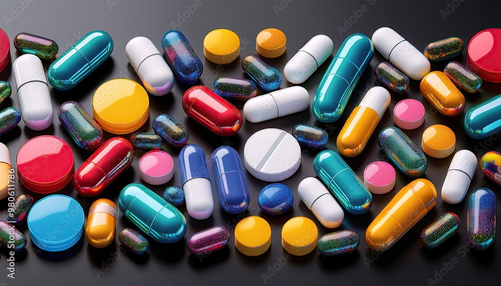 Colorful pills on black background Colorful pills on black background