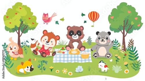 A cartoon illustration of animals having a picnic.