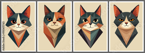 Set of creative cat portraits in minimalistic geometric boho style drawing with abstract shapes. Mid century modern wall art print poster, home decor, modern canvas, postcard. Vector illustration