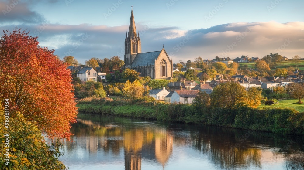 A peaceful shot of the Cathedral Church of the Holy and Undivided Trinity, Downpatrick, standing tall amidst the town landscape. A peaceful shot of the Cathedral Church of the Holy and Undivided Trinity, Downpatrick, standing tall amidst the town landscape.