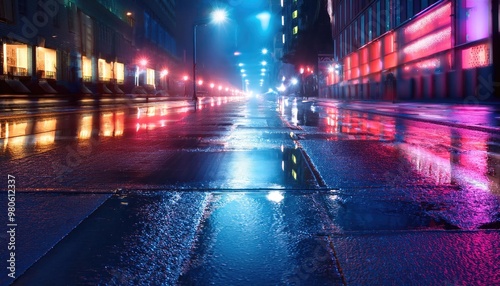 Neon reflections on wet street