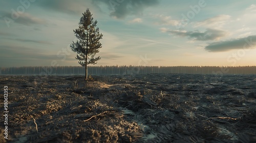 A lone pine tree stands in the middle of an endless field covered with charred debris, with forests visible on the distant horizon. The sky is overcast, and the sun has just set behind it. photo