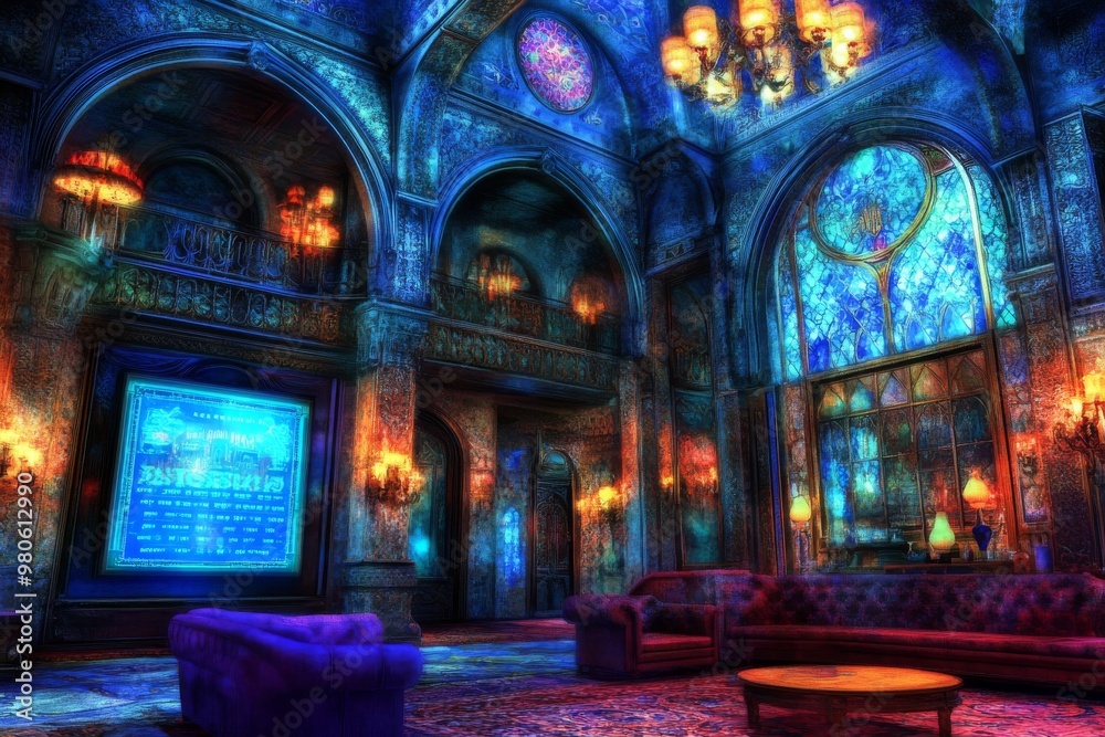 A grand, ornate room with a stained glass window, ornate chandeliers, and rich colors. A grand, ornate room with a stained glass window, ornate chandeliers, and rich colors.