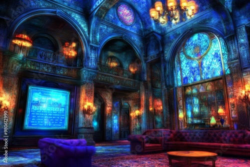 A grand, ornate room with a stained glass window, ornate chandeliers, and rich colors.