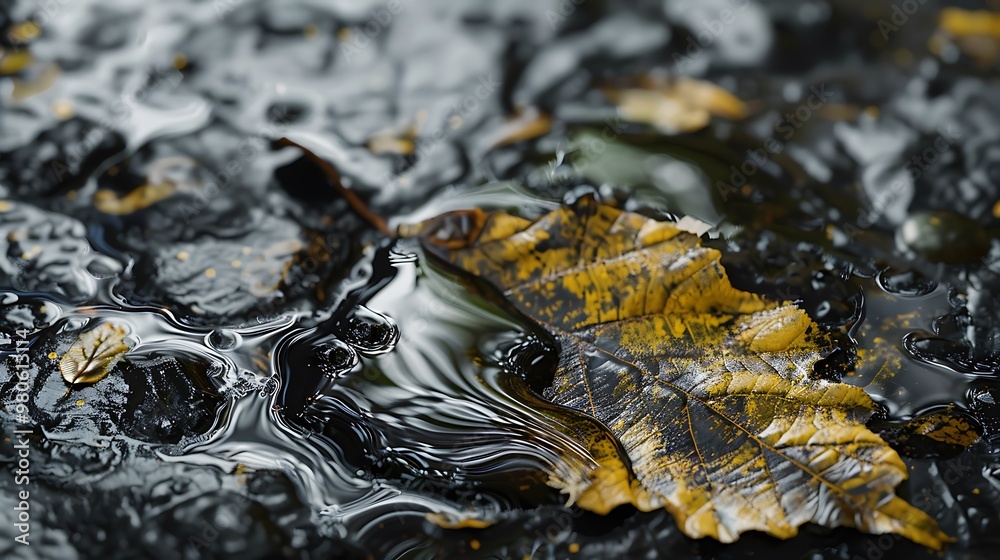 A close-up of leaves floating on water, macro photography, black and yellow tones, ripples on the surface, raindrops, natural environment, high-definition photography, wide-angle lens water reflection A close-up of leaves floating on water, macro photography, black and yellow tones, ripples on the surface, raindrops, natural environment, high-definition photography, wide-angle lens water reflection