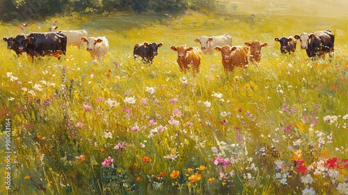 Serene Pastoral Scene with Cows in a Wildflower Field