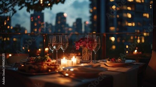 Elegant dinner setting with candles and city skyline at dusk.