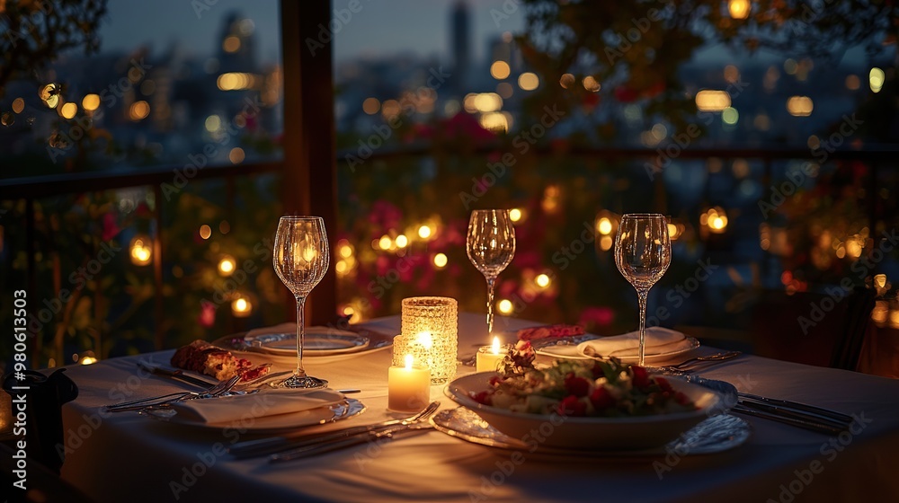 Romantic dinner setting with candlelight and city view at dusk. Romantic dinner setting with candlelight and city view at dusk.