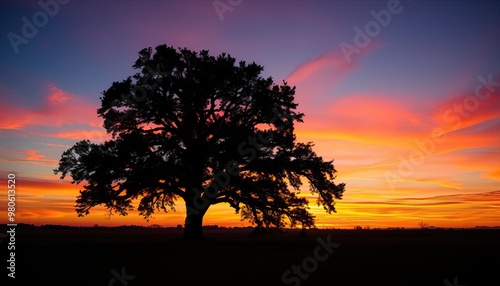 Majestic oak tree silhouette against a vibrant sunset sky.