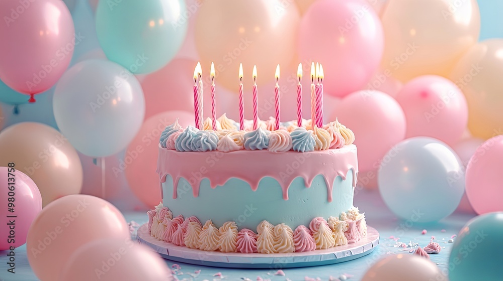 Birthday cake background with candles and balloons Birthday cake background with candles and balloons