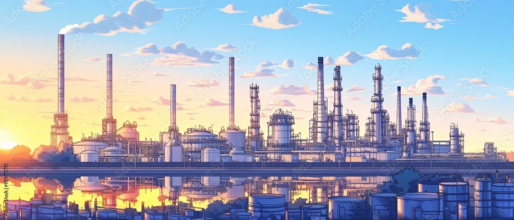 Naklejka premium Industrial Refinery at Sunset with Reflections in Water and Vibrant Sky