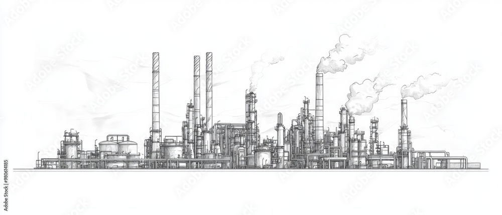 Industrial Factory Skyline with Smokestacks and Machinery in Detailed Line Drawing Industrial Factory Skyline with Smokestacks and Machinery in Detailed Line Drawing