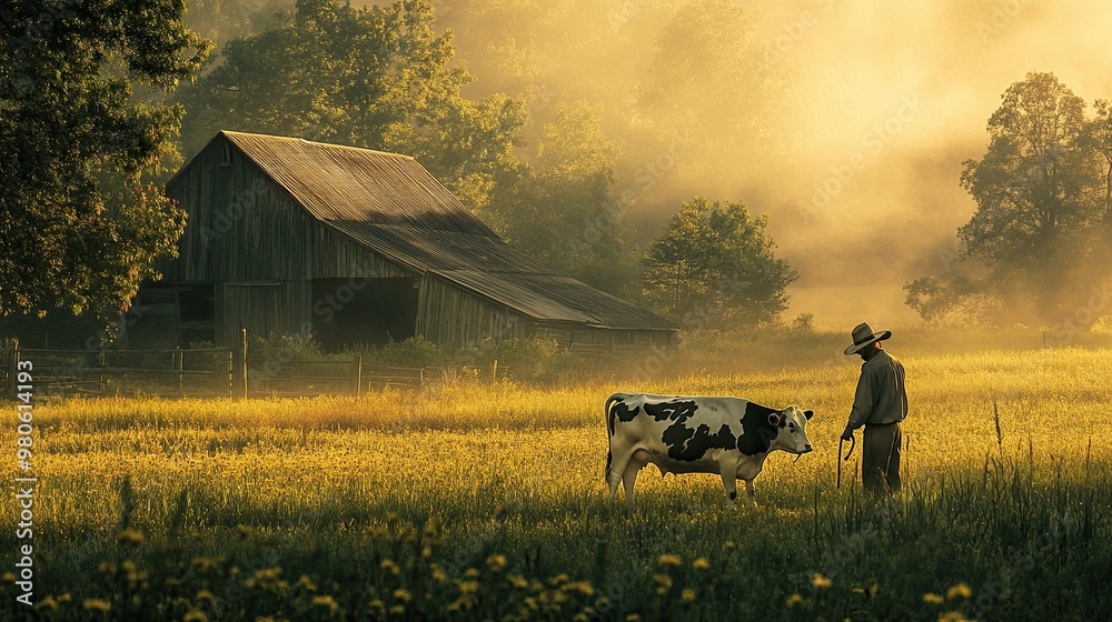 Serene Sunrise on a Farm with Cow and Farmer Serene Sunrise on a Farm with Cow and Farmer