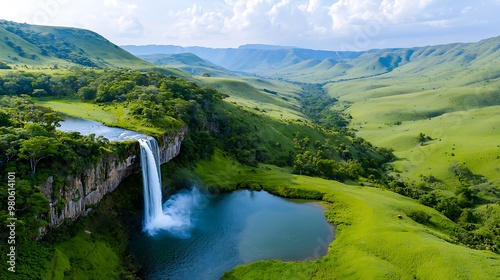 Towering waterfall cascading into a lush green valley, beautiful natural scene with ample space for text, high-end national geographic photography, deep depth of field