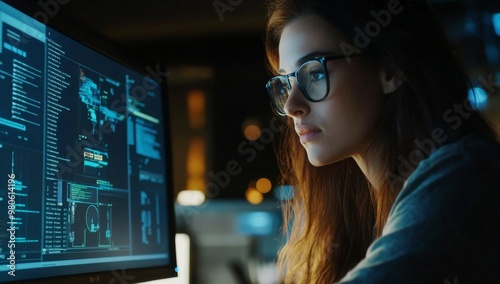 businesswoman carefully working at the computer in the dark