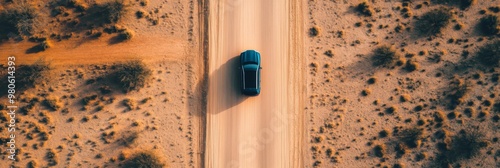 Desert road top view of car driving through the deserted area with dry land along dirt road