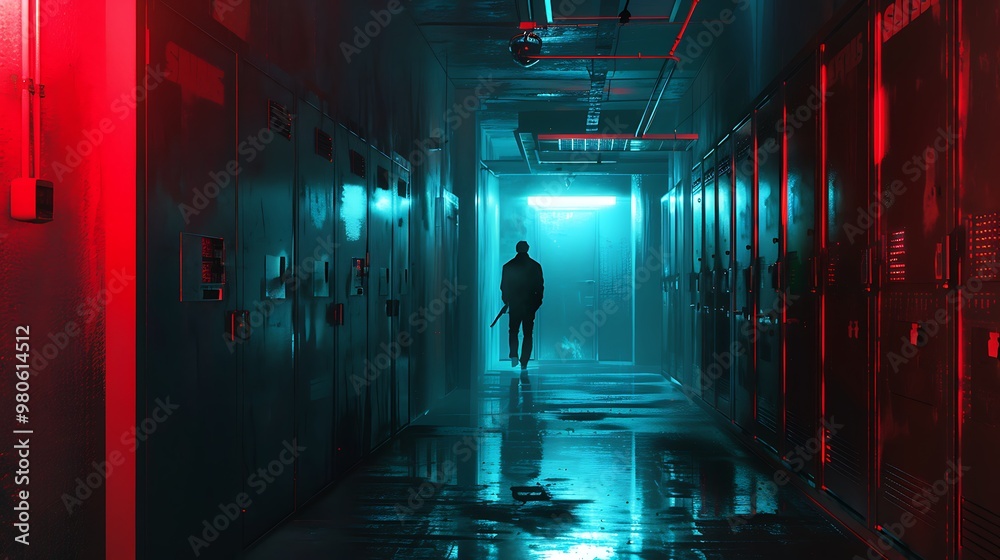 Solitary figure walks down a dimly lit corridor illuminated by neon lights. The mystery of their presence and their destination is left open to interpretation. Solitary figure walks down a dimly lit corridor illuminated by neon lights. The mystery of their presence and their destination is left open to interpretation.
