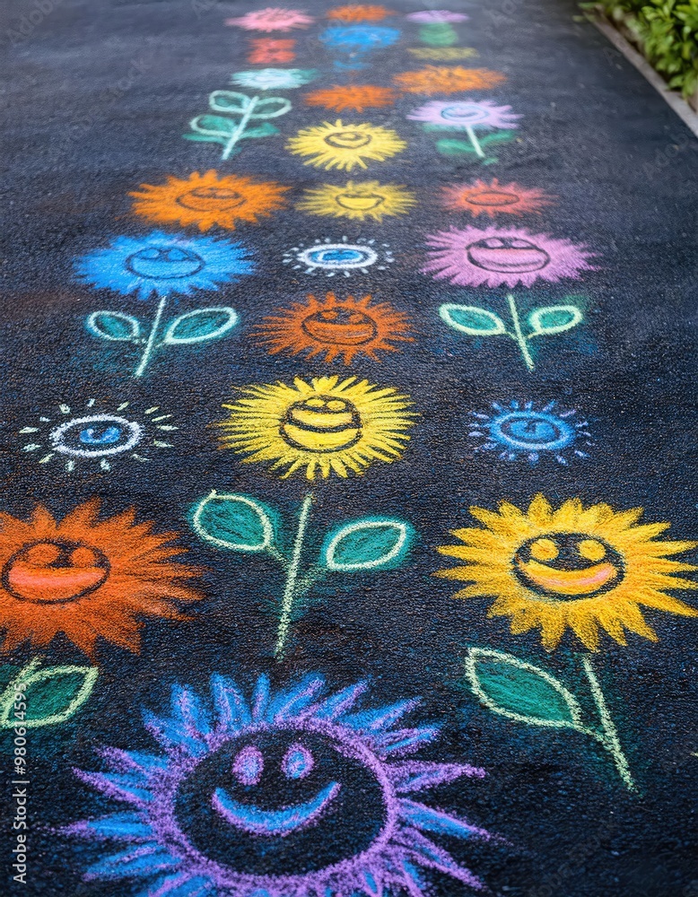 Obraz premium Chalk drawings of flowers on sidewalk