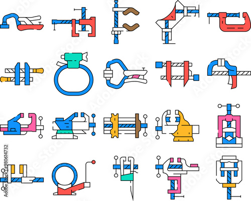 clamp vice grip tool metal icons set vector. equipment vise, steel screw, construction hold, industry compress, industrial hold clamp vice grip tool metal color Contour Illustrations