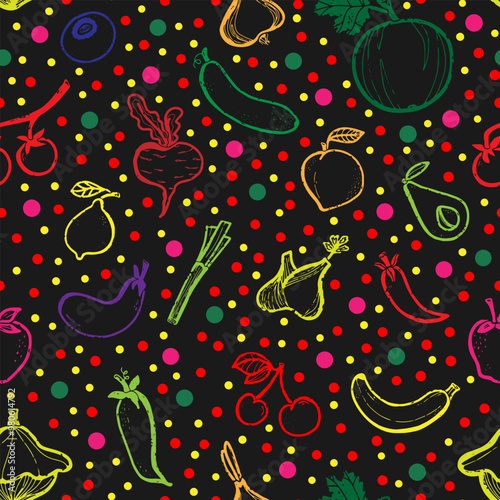 Trendy minimalism modern vegetable pattern Grunge, shabby texture of elements Scandinavian motifs Vector seamless pattern