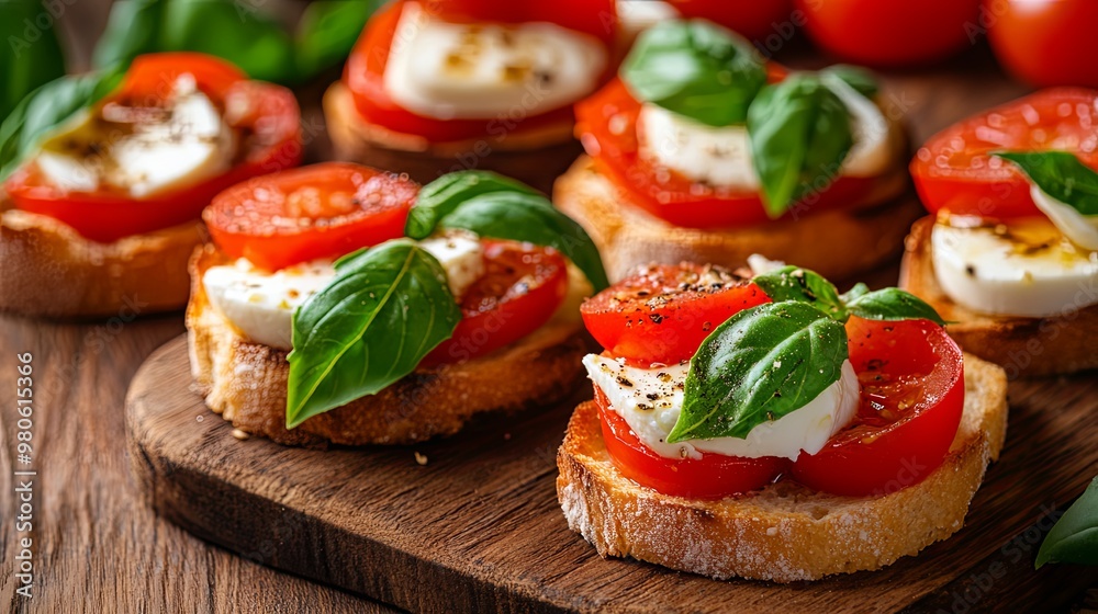 Caprese salad bruschettas isolated on wooden table Caprese salad bruschettas isolated on wooden table