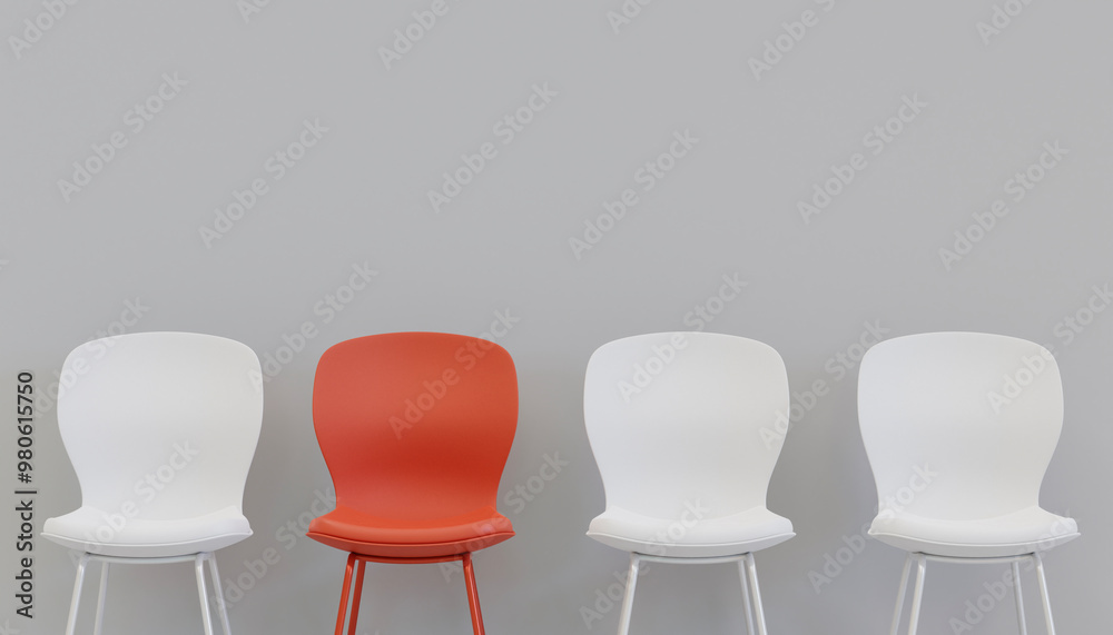 red and white chairs, 3d illustration rendering with three white chairs and red chair outstanding on gray background, job hiring concept.