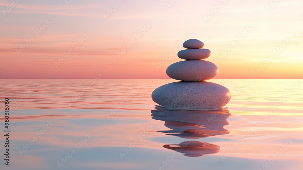 Peaceful Zen Stones Stacked in Serene Water at Sunset Peaceful Zen Stones Stacked in Serene Water at Sunset