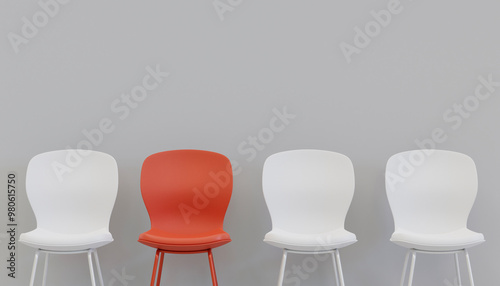 red and white chairs, 3d illustration rendering with three white chairs and red chair outstanding on gray background, job hiring concept.