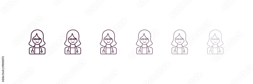female doctor outline icon. Linear vector from people concept. 6 different line style female doctor icon included thin, light, regular, medium, bold, black