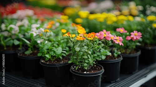 Close up different variety of flower seedlings in plastic plant pot