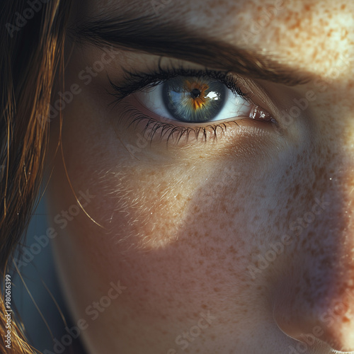 Close-up of a human eye with vibrant blue and yellow iris detail, showing intricate patterns and textures. Ideal for concepts of vision, technology, or medical themes.