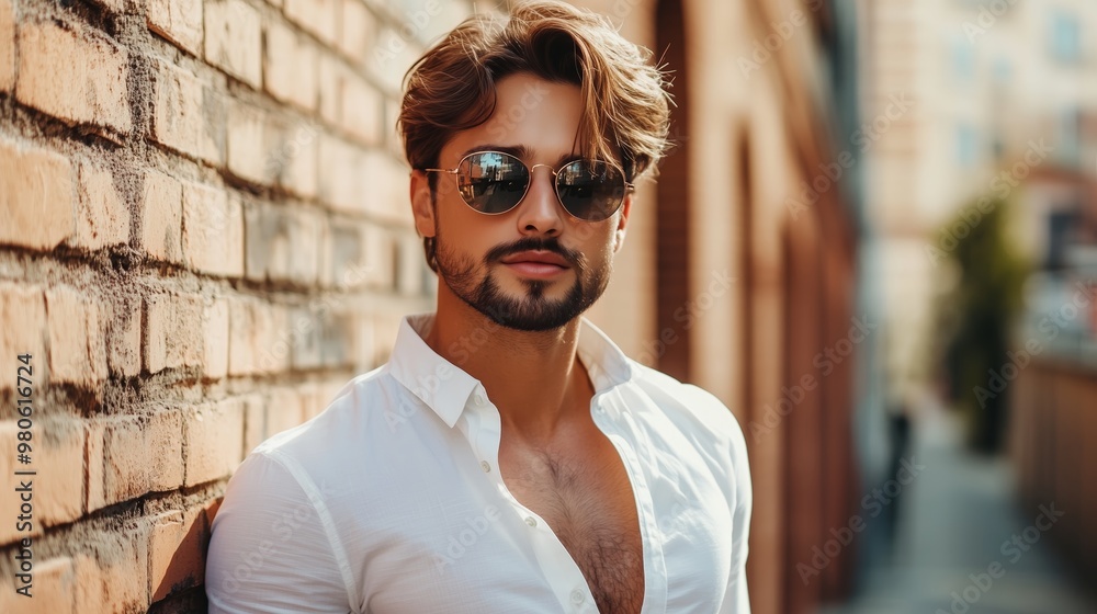Stylish young man posing in a white shirt and sunglasses against a brick wall in an urban setting during daylight Stylish young man posing in a white shirt and sunglasses against a brick wall in an urban setting during daylight