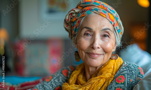 Senior Woman in Hospital Bed with Radiant Smile Celebrates Recovery, Colorful Headscarf Symbolizing Her Journey and Triumph Over Health Challenges photo