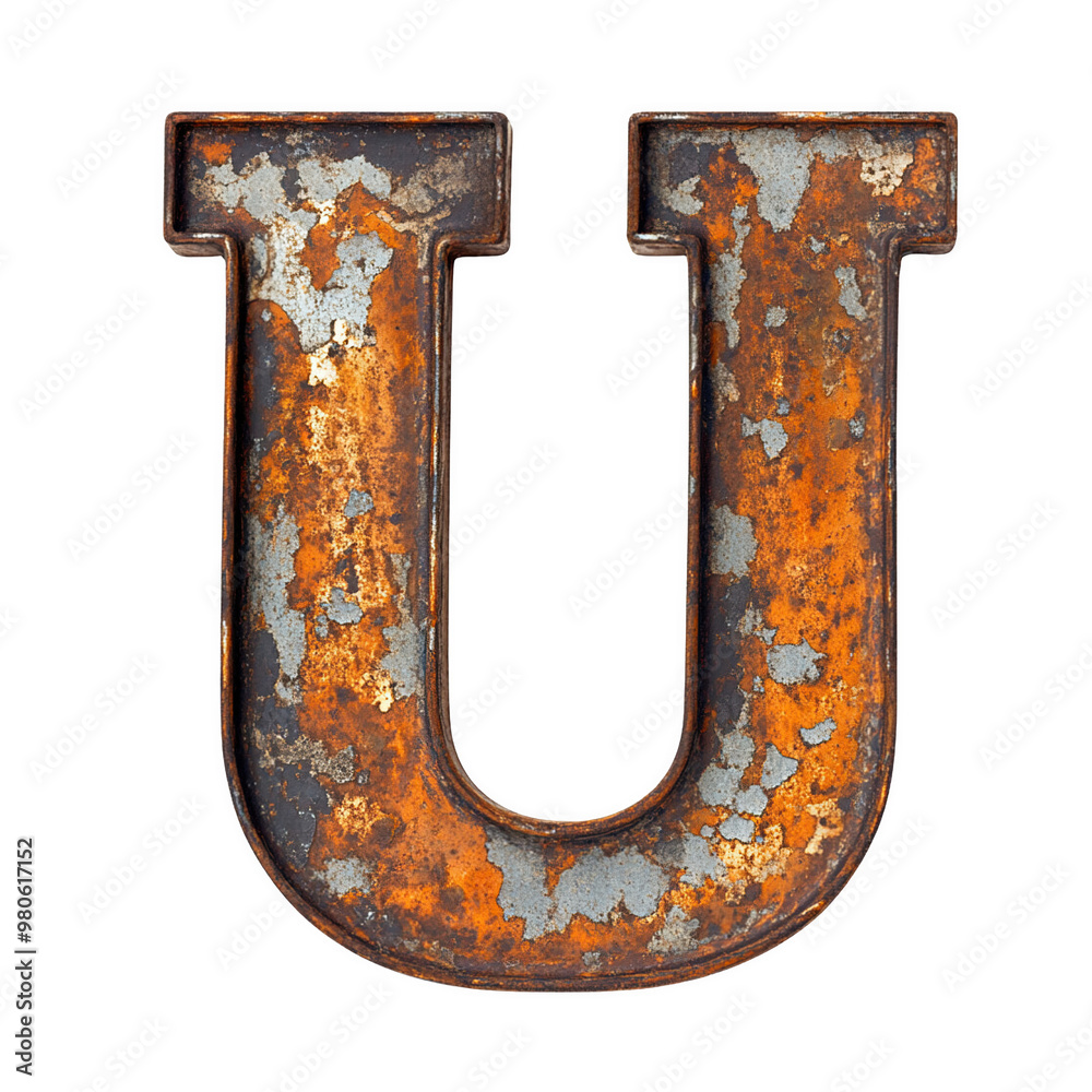 Rusty metal letter U with weathered texture, Close-up of a rusty, corroded metal letter Rusty metal letter U with weathered texture, Close-up of a rusty, corroded metal letter