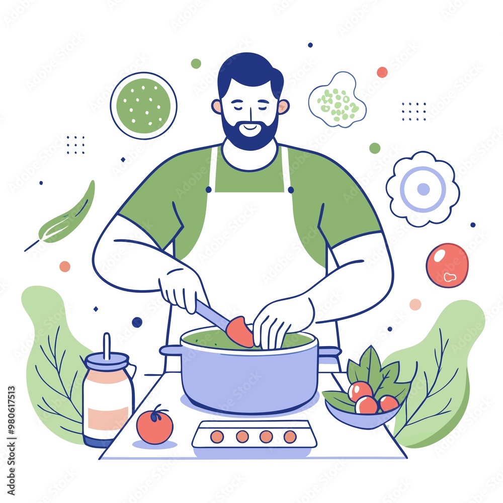 Man cooking soup with a smile in a bright kitchen surrounded by fresh ingredients