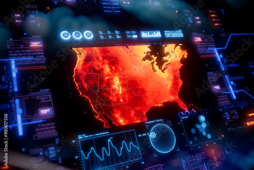 Extreme heat in U.S. Temperature map on digital lcd display with reflection. Concept of climate change, global warming forest fire and extreme temperature. Elements of this image furnished by NASA