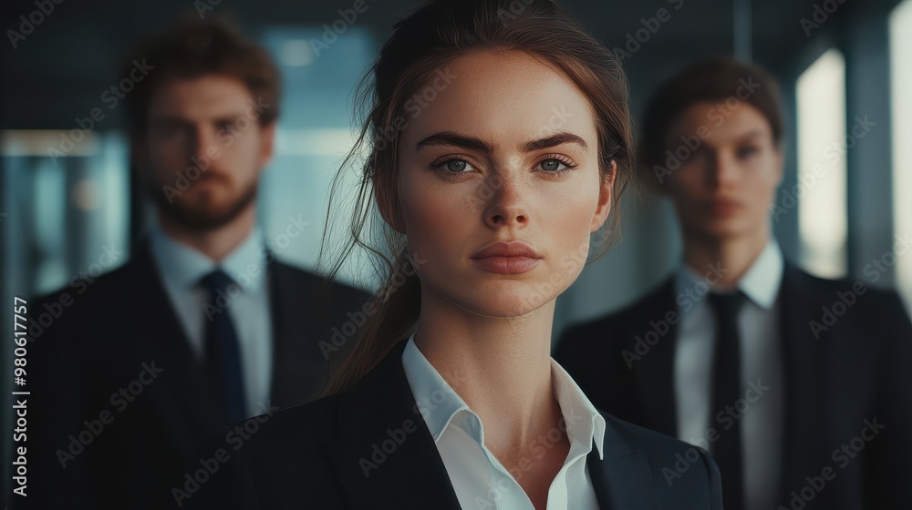 A Businesswoman and Her Team Stand Looking Serious in a Confident and Professional Manner A Businesswoman and Her Team Stand Looking Serious in a Confident and Professional Manner