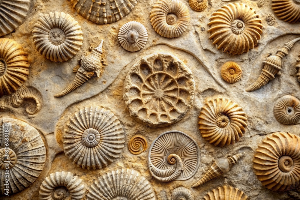 Detailed texture of limestone fossils forms a intricate pattern of ancient marine life embedded in a worn, weathered stone surface with subtle earthy tones. Detailed texture of limestone fossils forms a intricate pattern of ancient marine life embedded in a worn, weathered stone surface with subtle earthy tones.