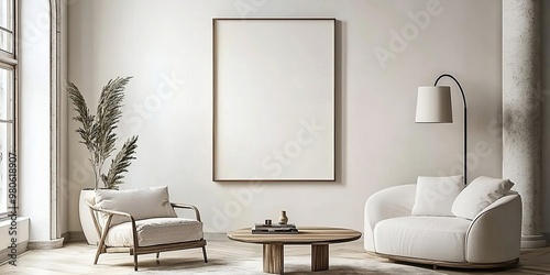 Mock up poster frame in modern interior background, living room, Scandinavian style, 3D render, 3D illustration. Generative AI photo